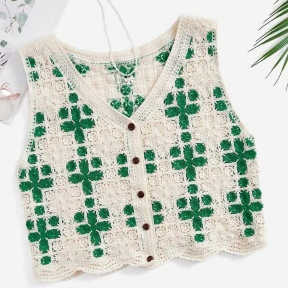 Crochet Knit Vest with Green Floral Pattern Size Large